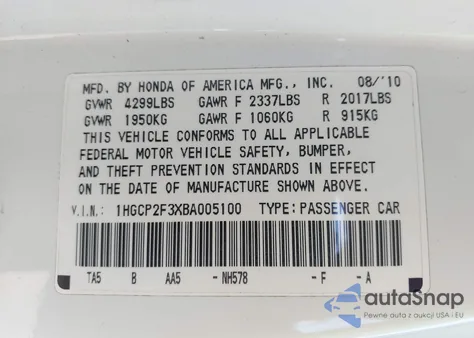 2011 Honda Accord 2.4 Lx z USA, uszkodzony, nr VIN 1HGCP2F3XBA005100